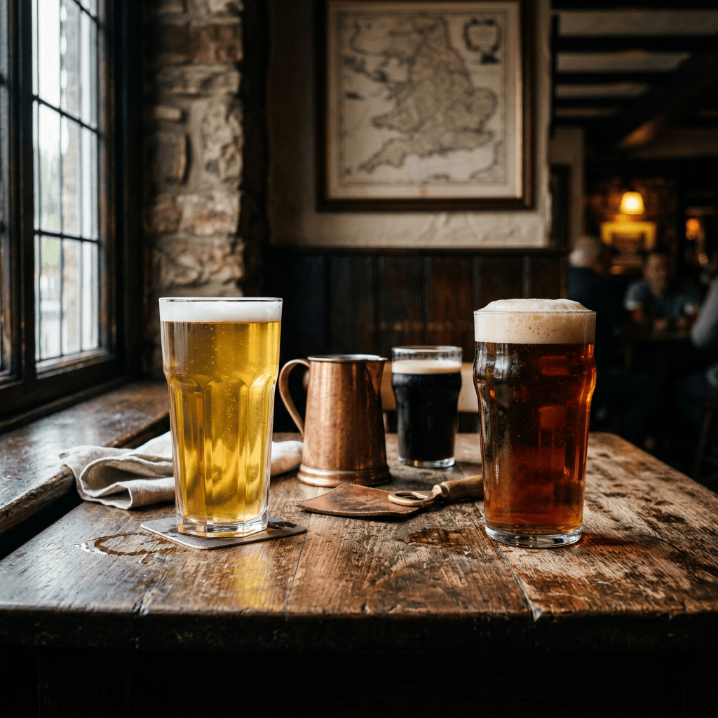 Current image: Three beers on a wooden pub table beside a window